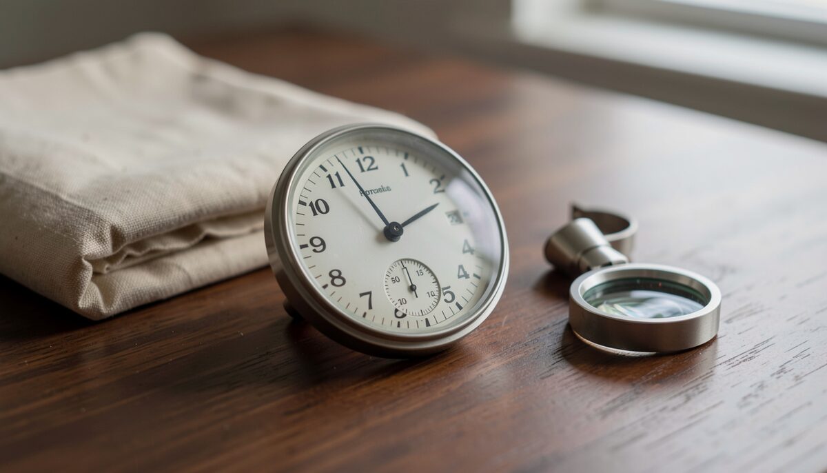 A silver dial with an off-centre layout resting on a dark wooden desk beside a folded cloth and a loupe, warm low light from the left, deep shadow at the right of the frame.