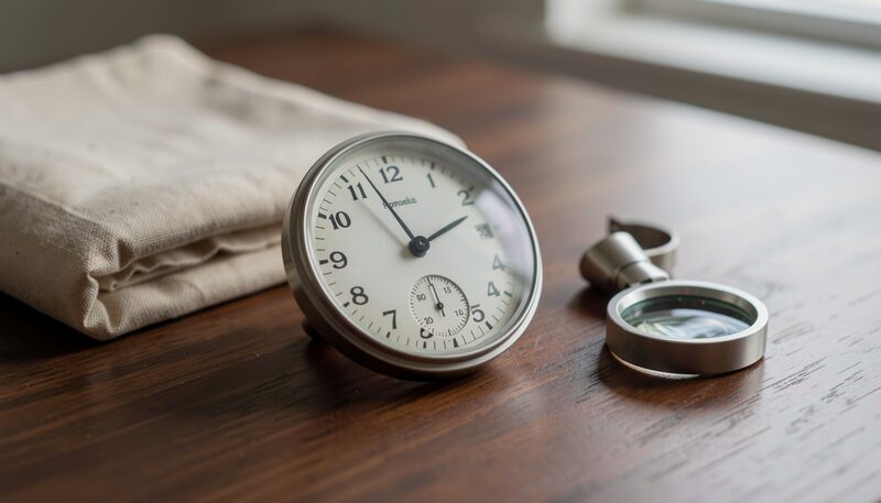 A silver dial with an off-centre layout resting on a dark wooden desk beside a folded cloth and a loupe, warm low light from the left, deep shadow at the right of the frame.