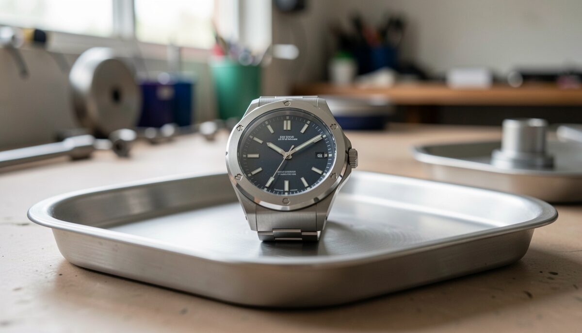 A steel sports watch with an octagonal bezel lying on a brushed metal tray, workshop background thrown out of focus, cold side light from the right, no branding visible on the dial.