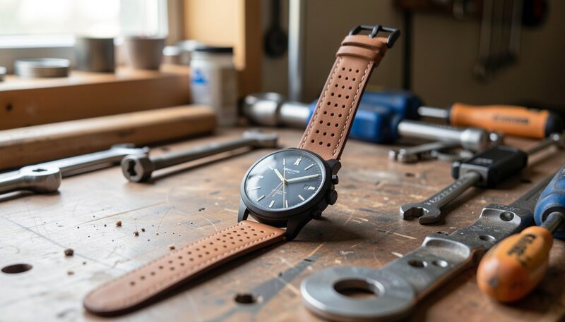 A thick-cased watch with a perforated leather strap lying on a mechanic's workbench, spanners and a rag blurred behind it, hard daylight from above the frame.