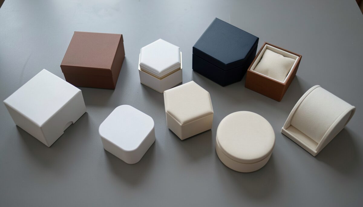 A flat lay of eight closed watch boxes of differing shapes and colours on a grey table, photographed from above with even light, no logos or printed text visible on any of them.