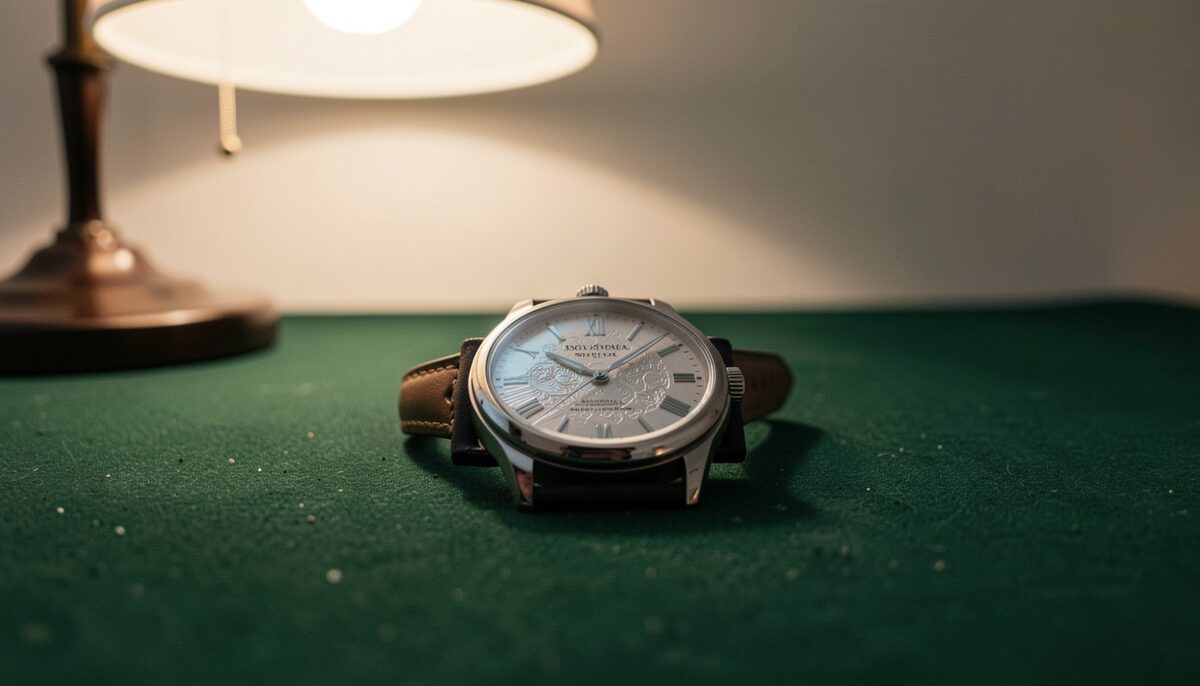 A round dress watch with an engraved silver dial lying on dark green baize under a single warm lamp, reflections held in the engraving, the edges of the frame falling into shadow.
