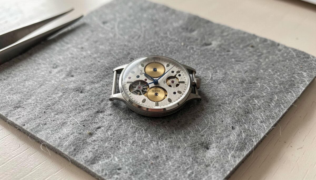 An open-worked watch with its gears and bridges visible on the dial side, lying on a grey felt mat with tweezers at the edge of the frame, raking light from the left.