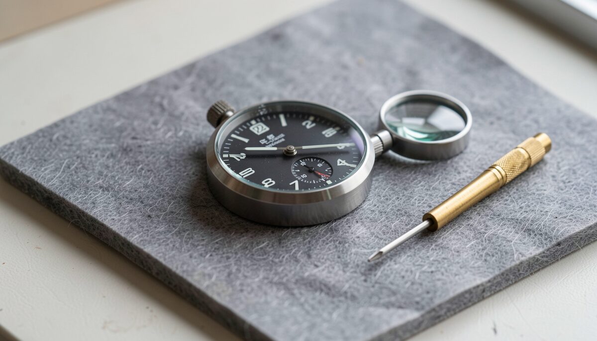 A chronograph with a dense black dial and a circular slide rule bezel resting on a pilot's knee board beside a printed route card, seen from above in flat daylight.