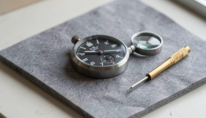 A chronograph with a dense black dial and a circular slide rule bezel resting on a pilot's knee board beside a printed route card, seen from above in flat daylight.