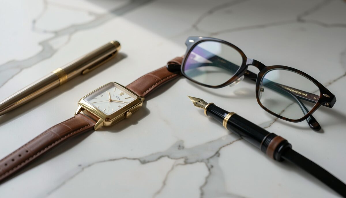 A rectangular gold-cased watch on a pale marble surface beside a slim fountain pen and a folded pair of spectacles, photographed from above in soft window light with shallow depth of field.