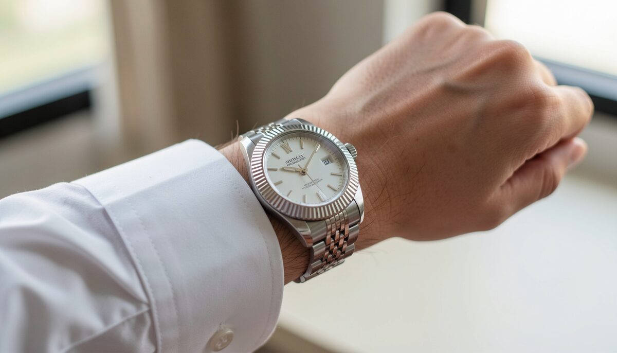 A watch with a fluted bezel and a five-link bracelet resting on a white shirt cuff, soft indoor light from the left, folds of fabric filling the frame behind it.