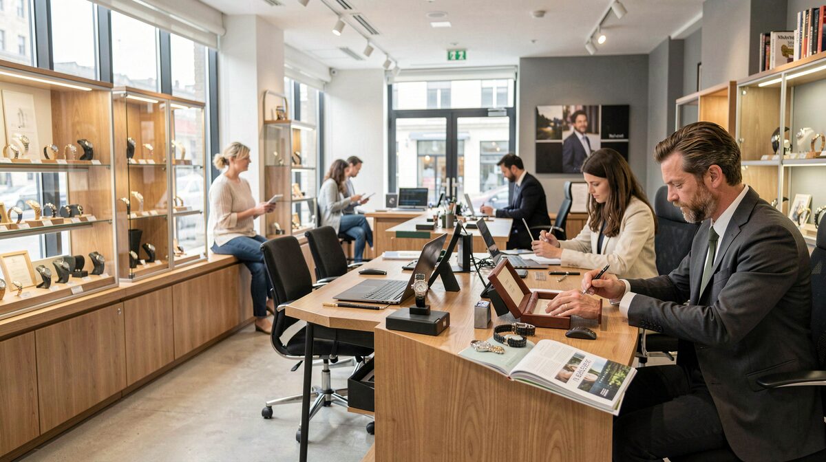 An open watch showroom with pale wooden display cases along one wall, four people seated at a long desk with laptops and an open watch box, daylight coming through shop windows to the left, shot wide from standing height.