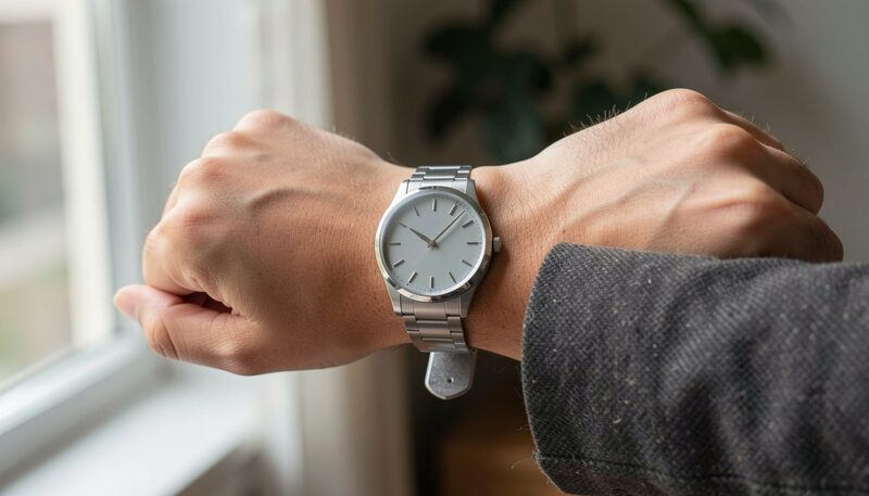 A wrist wearing a steel watch with a pale dial, the strap end curling below the wrist, a tweed jacket cuff at the right, soft window light from the left, plant and interior out of focus behind.