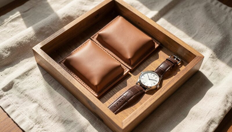 A shallow wooden tray photographed from directly above, holding two tan leather watch cushions and a round watch on a brown leather strap, laid on rumpled linen in hard raking sunlight.