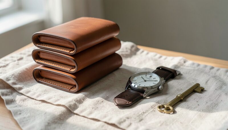 Three leather watch rolls stacked on a linen cloth beside a steel watch on a brown leather strap and an old brass key, photographed from above in low warm daylight from the left.