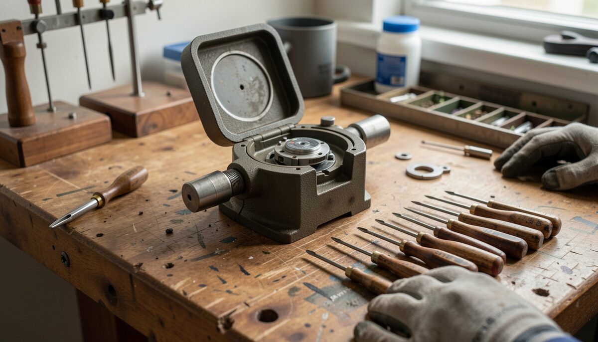 A watchmaker's bench with an open caseback resting on a movement holder, screwdrivers laid in a row on the mat, gloved hands out of frame, lit from the left by a bench lamp.