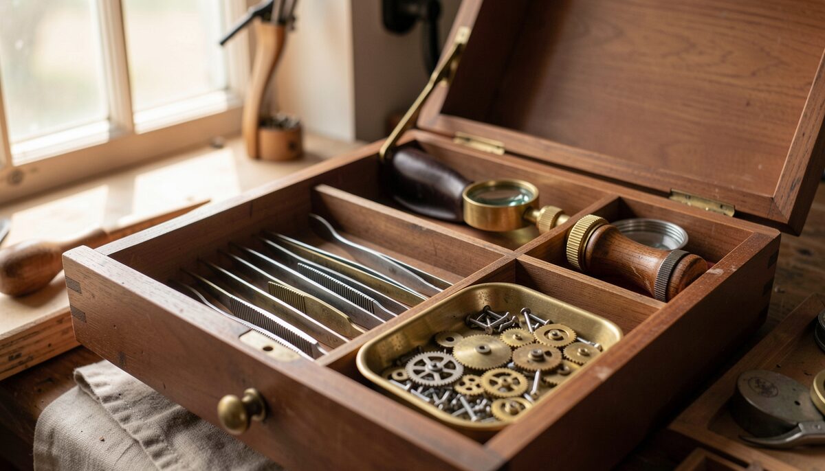 Paper service invoices fanned across a desk beside an open watch case and a small parts tray, no readable text, warm desk light from the right, watchmaker's tools out of focus behind.