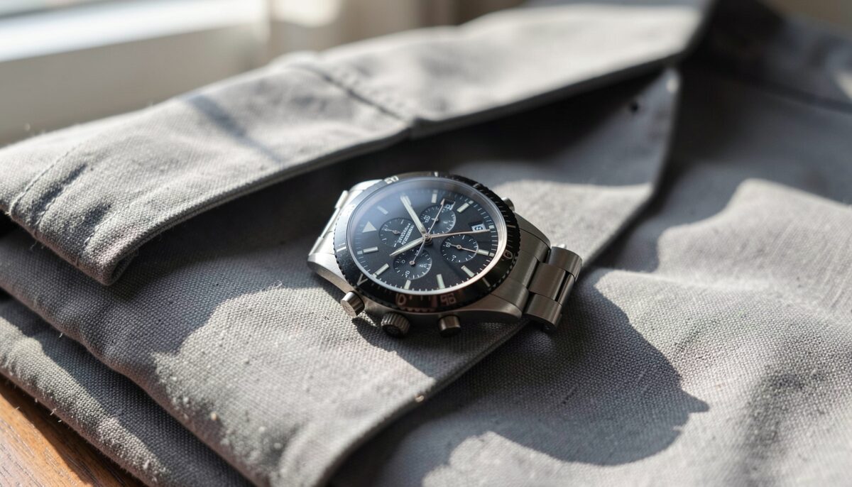 A black-dial chronograph on a steel bracelet resting on a folded grey jacket, side daylight across the bracelet links, dark background falling away behind the watch.