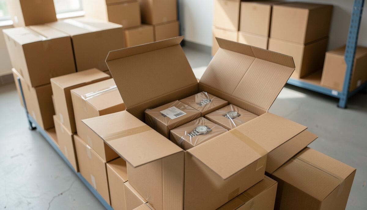 Cardboard shipping boxes stacked in a stockroom with sealed watch boxes inside an open one, plain tape and no printed labels, cool overhead light and a concrete floor.
